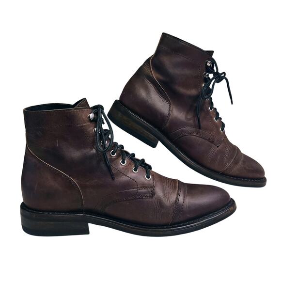 Thursday Everyday Men\'s 9.5 Brown-Leather Lace-Up Cap-Top Combat Boots Handmade
